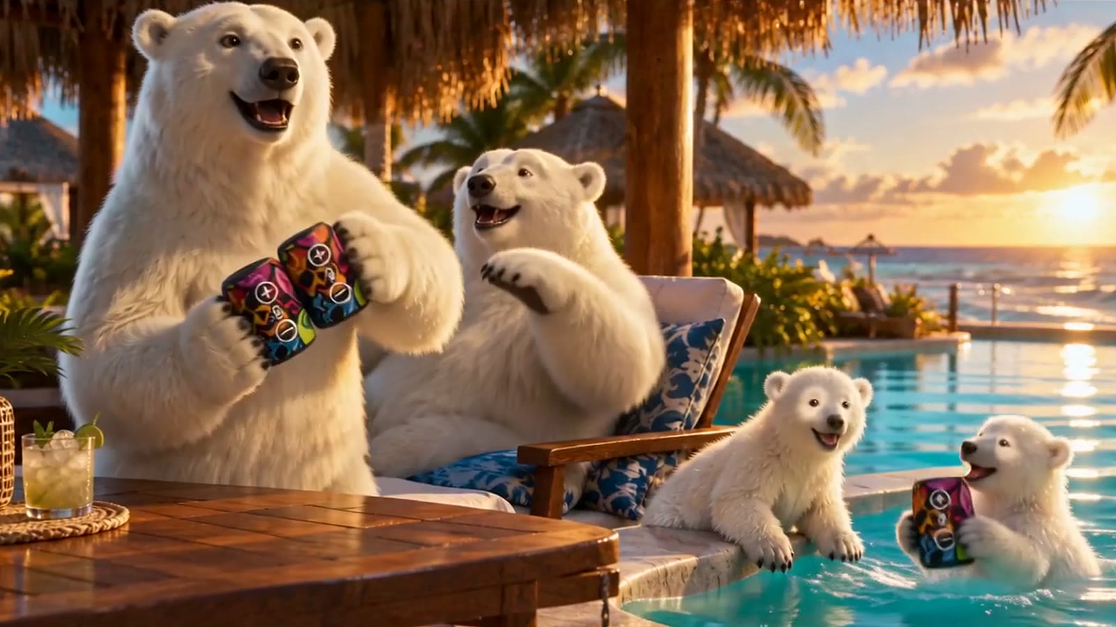 Familia de osos polares junto a la alberca al atardecer con las bocinas magnéticas de QRUZH